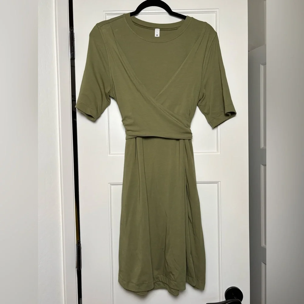 Lululemon Olive Green Cotton Wrap-Front T-Shirt Dress (8)
